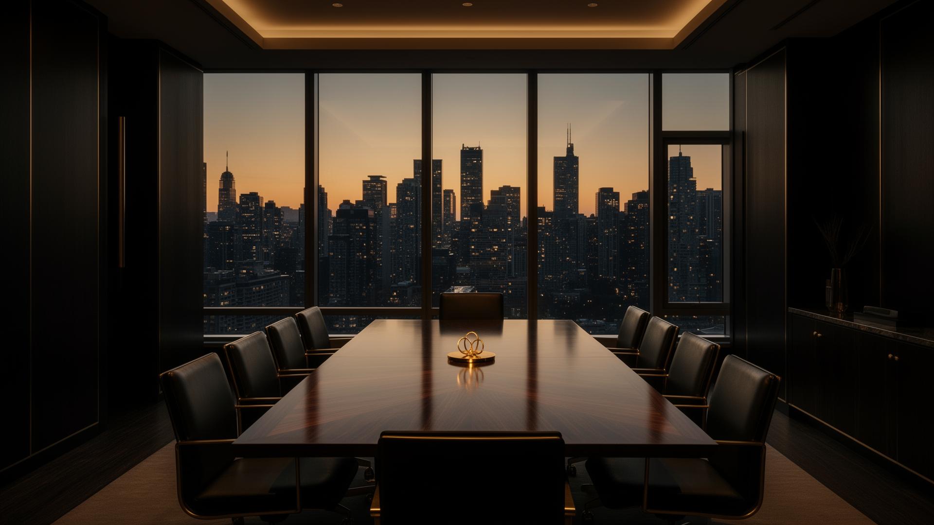 Private boardroom at dusk overlooking the city skyline