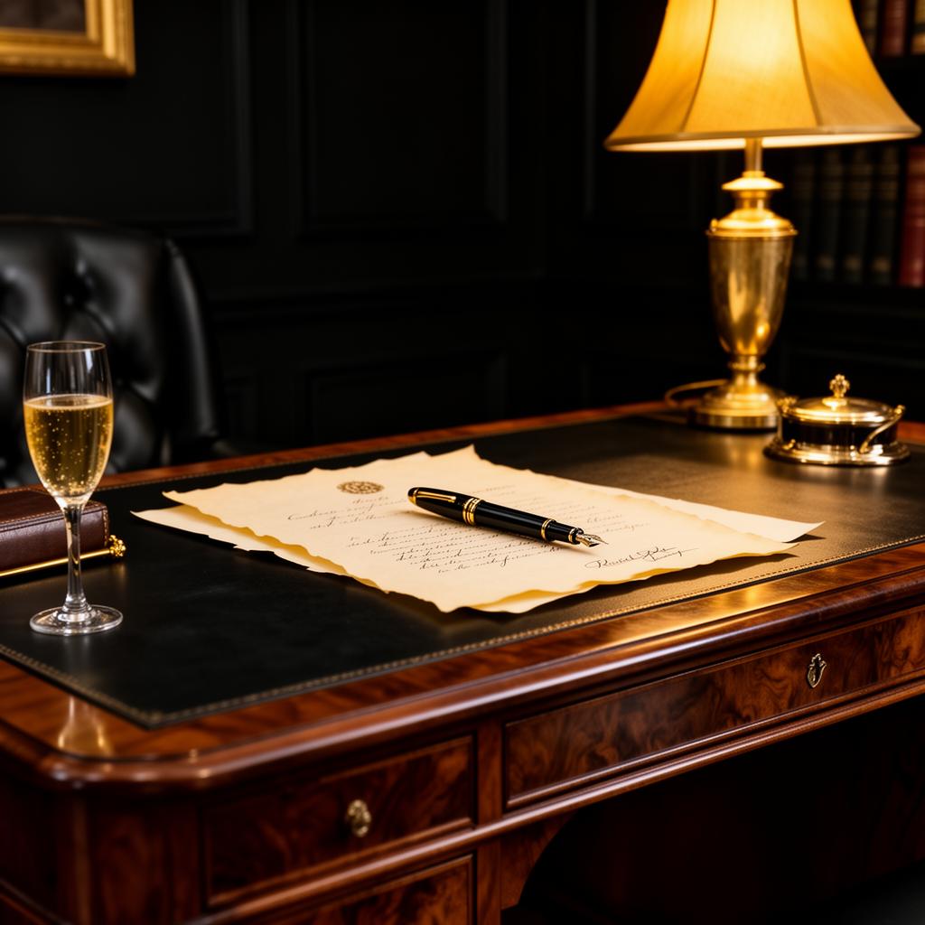 Heirloom documents and a fountain pen on a mahogany desk in a private study